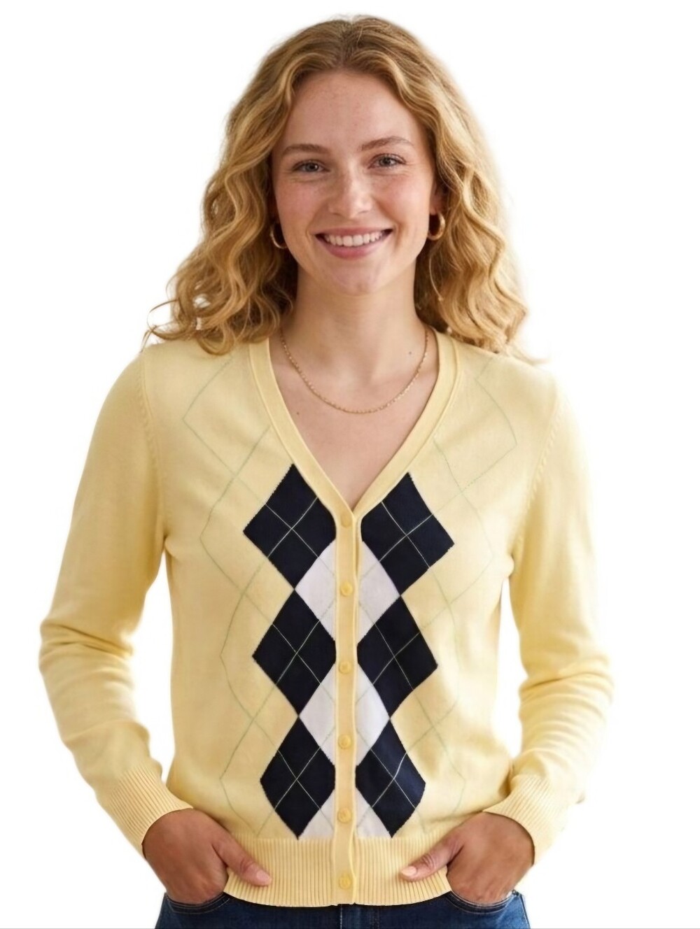 Izod Vintage Butter Yellow Argyle V Neck Academia Preppy Cardigan Sweater Size L